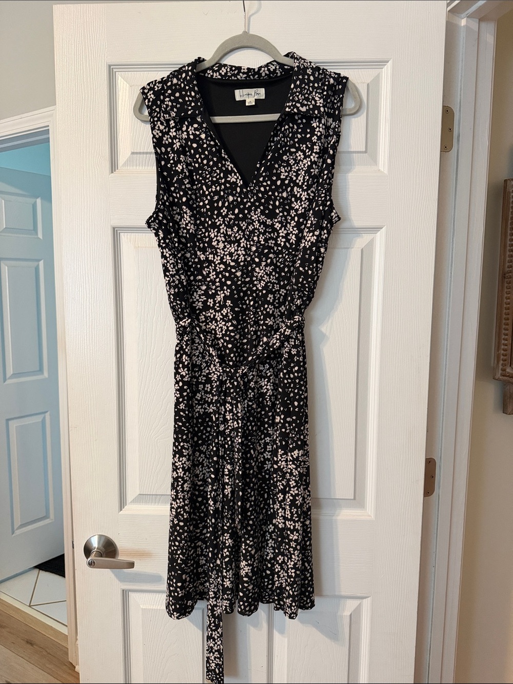 Sleeveless Black Floral Wrap Dress with white Print